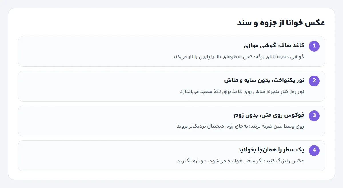 چهار مرحلهٔ عکاسی از جزوه: کاغذ صاف و گوشی موازی، نور یکنواخت بدون سایه، فوکوس روی متن، بررسی یک سطر پیش از رفتن